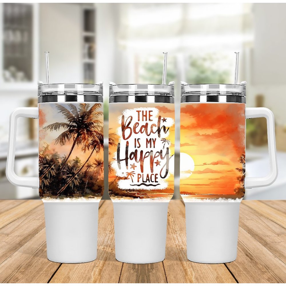 40 oz Colorful The beach is my Happy Place Double-wall vacuum insulation…